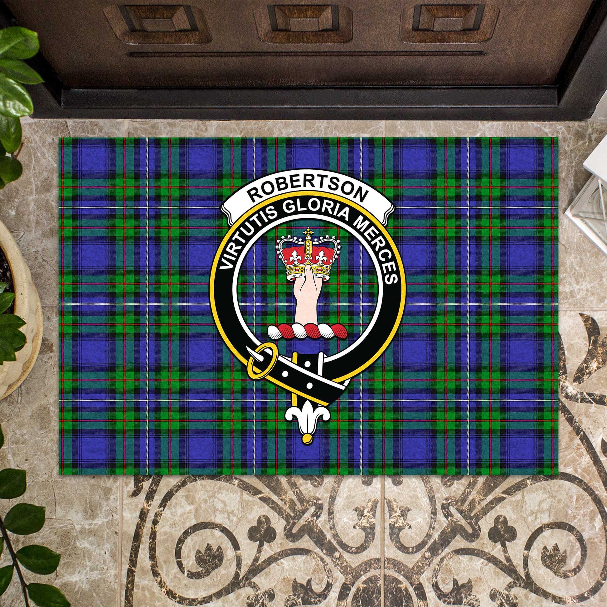 Robertson Hunting Modern Tartan Door Mat with Family Crest - Tartanvibesclothing Shop