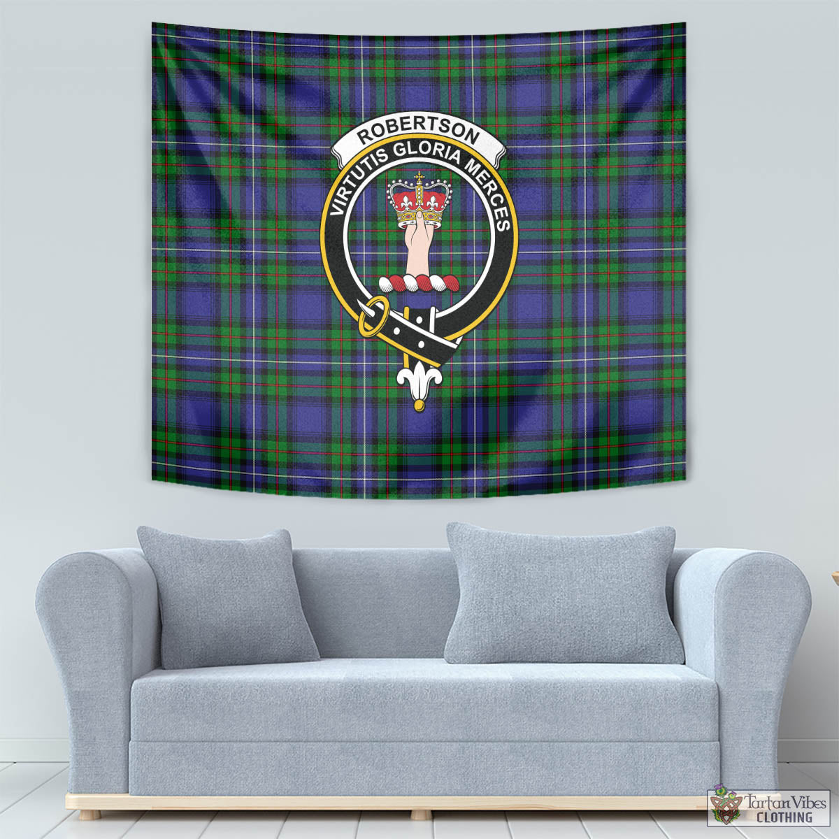 Tartan Vibes Clothing Robertson Hunting Modern Tartan Tapestry Wall Hanging and Home Decor for Room with Family Crest