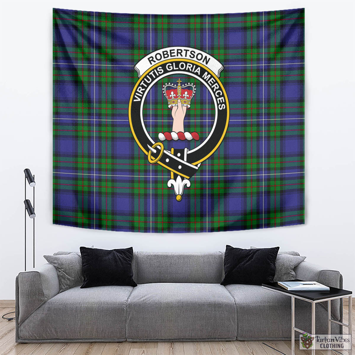 Tartan Vibes Clothing Robertson Hunting Modern Tartan Tapestry Wall Hanging and Home Decor for Room with Family Crest