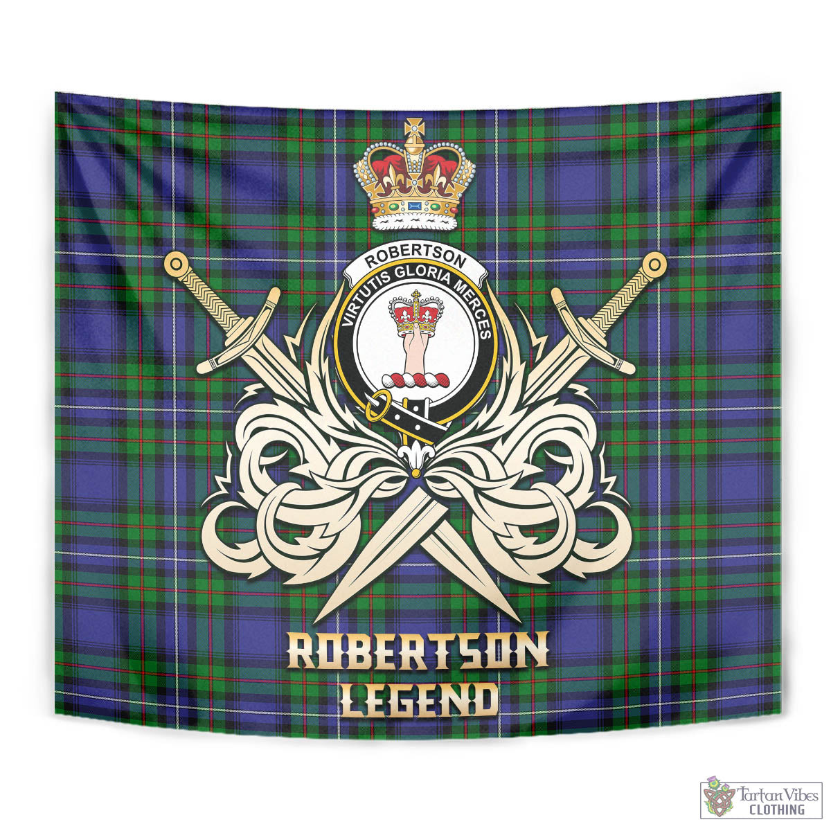 Tartan Vibes Clothing Robertson Hunting Modern Tartan Tapestry with Clan Crest and the Golden Sword of Courageous Legacy