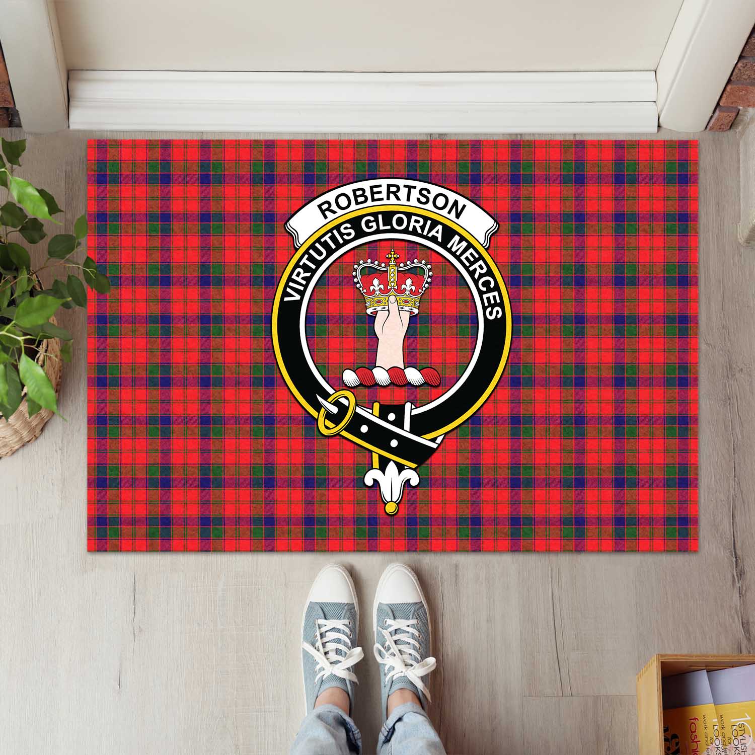 Robertson Modern Tartan Door Mat with Family Crest - Tartanvibesclothing Shop