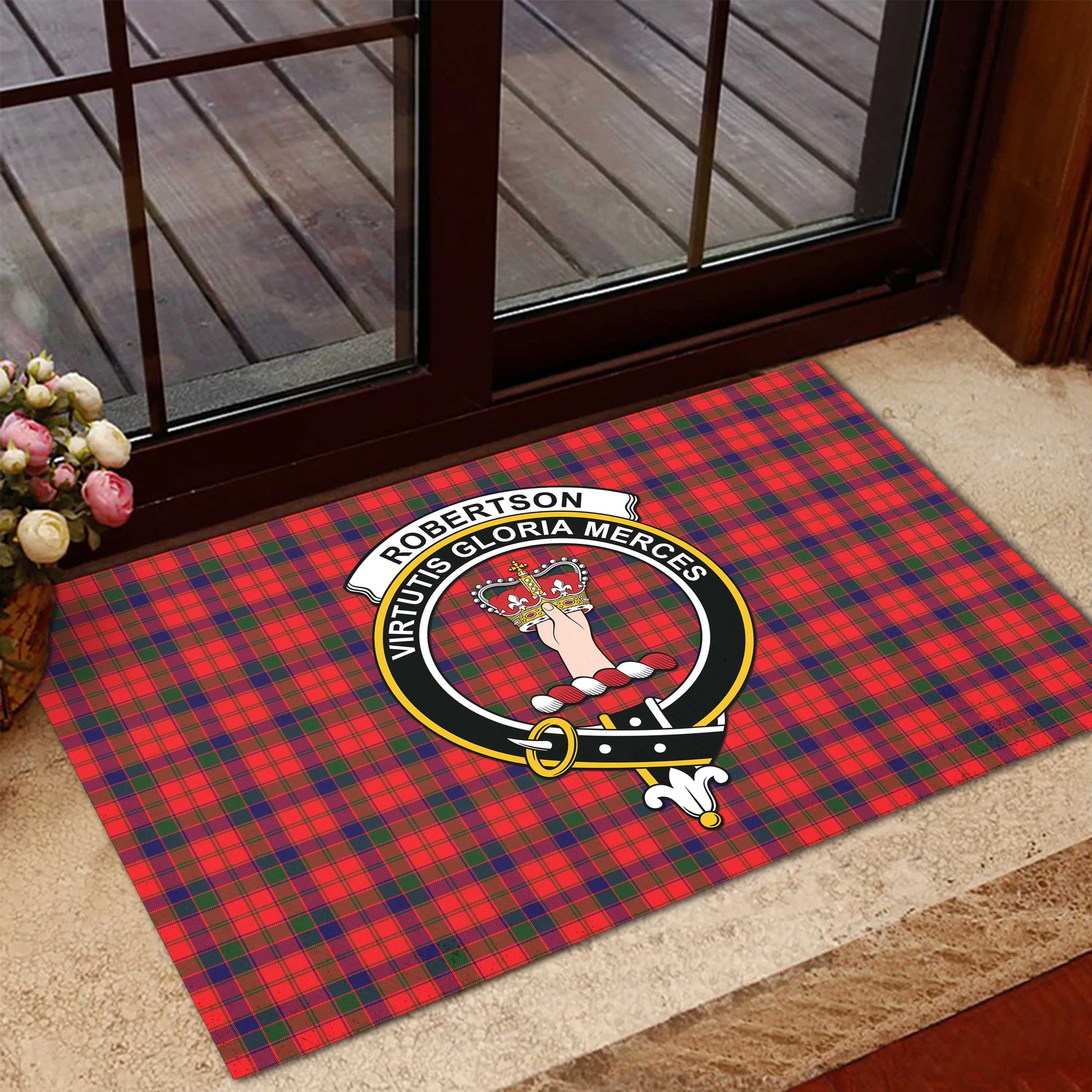 Robertson Modern Tartan Door Mat with Family Crest - Tartanvibesclothing Shop