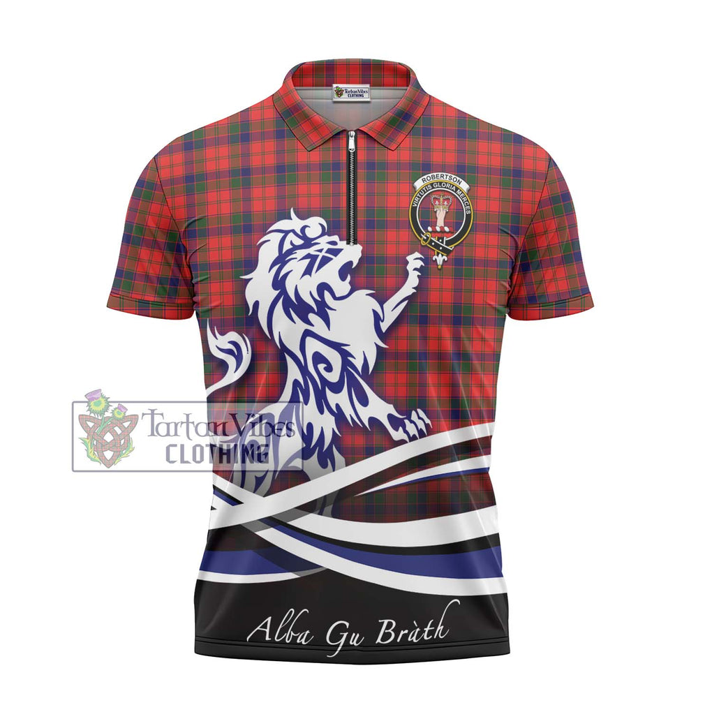 Robertson Modern Tartan Zipper Polo Shirt with Alba Gu Brath Regal Lion Emblem - Tartanvibesclothing Shop