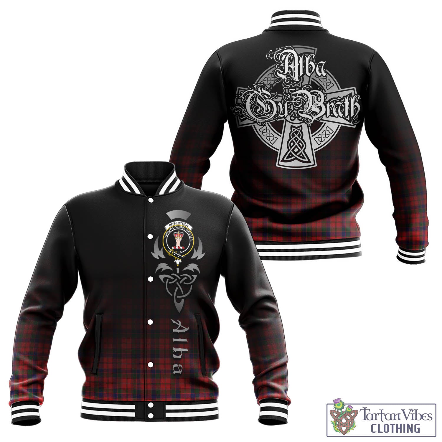 Tartan Vibes Clothing Robertson Modern Tartan Baseball Jacket Featuring Alba Gu Brath Family Crest Celtic Inspired