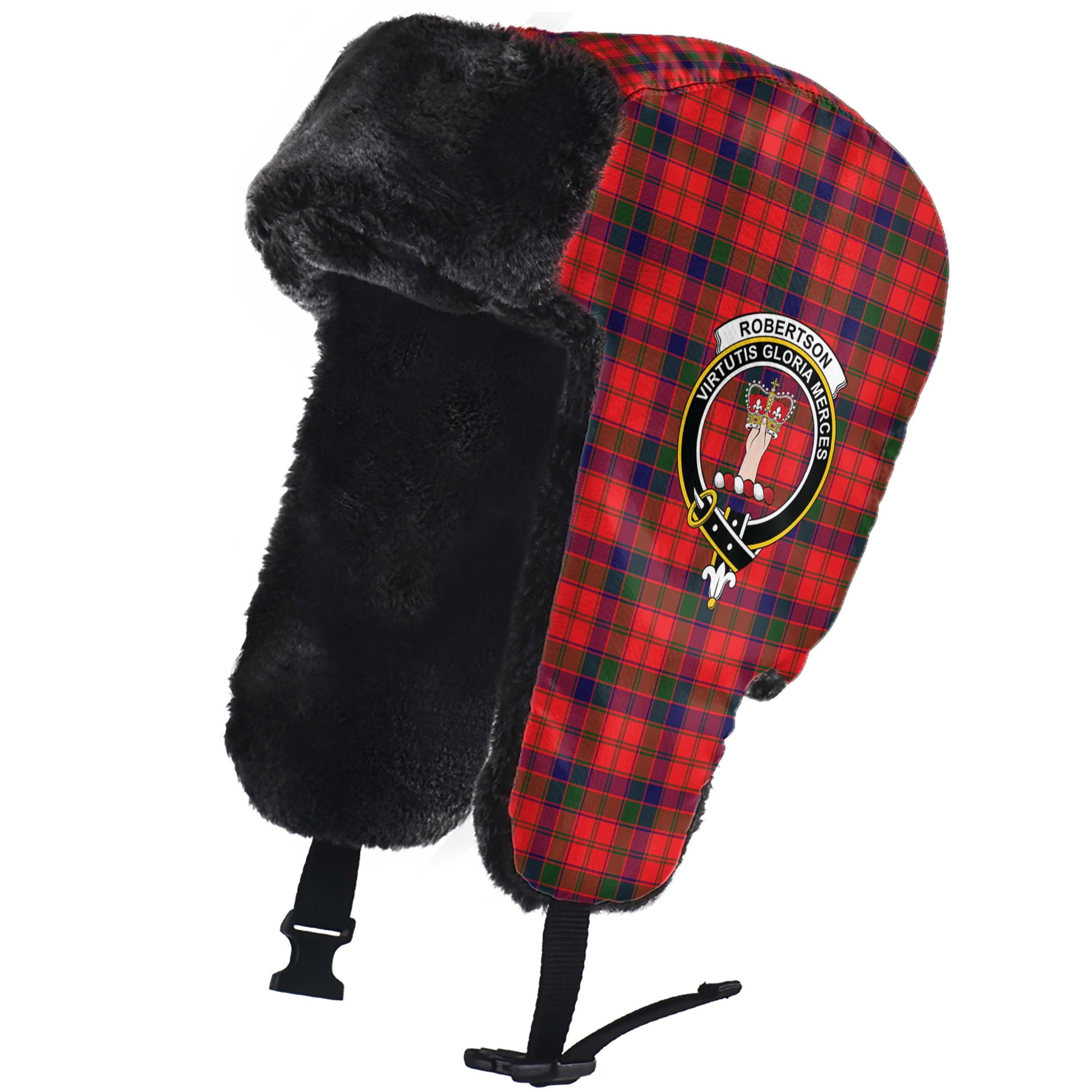 Robertson Modern Tartan Winter Trapper Hat with Family Crest - Tartanvibesclothing