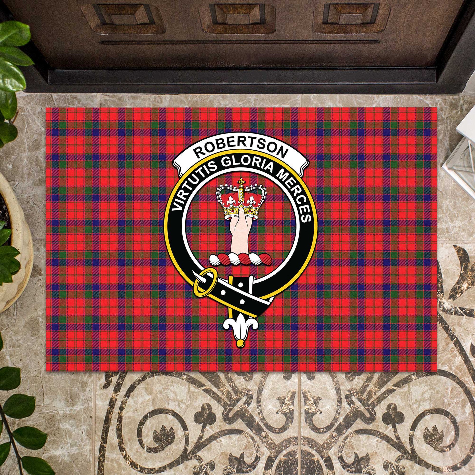 Robertson Modern Tartan Door Mat with Family Crest - Tartanvibesclothing Shop