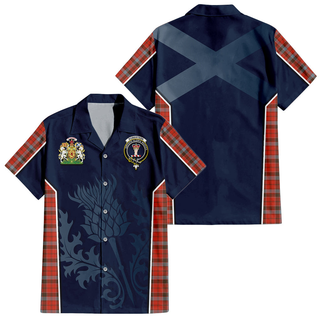 Tartan Vibes Clothing Robertson Weathered Tartan Short Sleeve Button Up Shirt with Family Crest and Scottish Thistle Vibes Sport Style