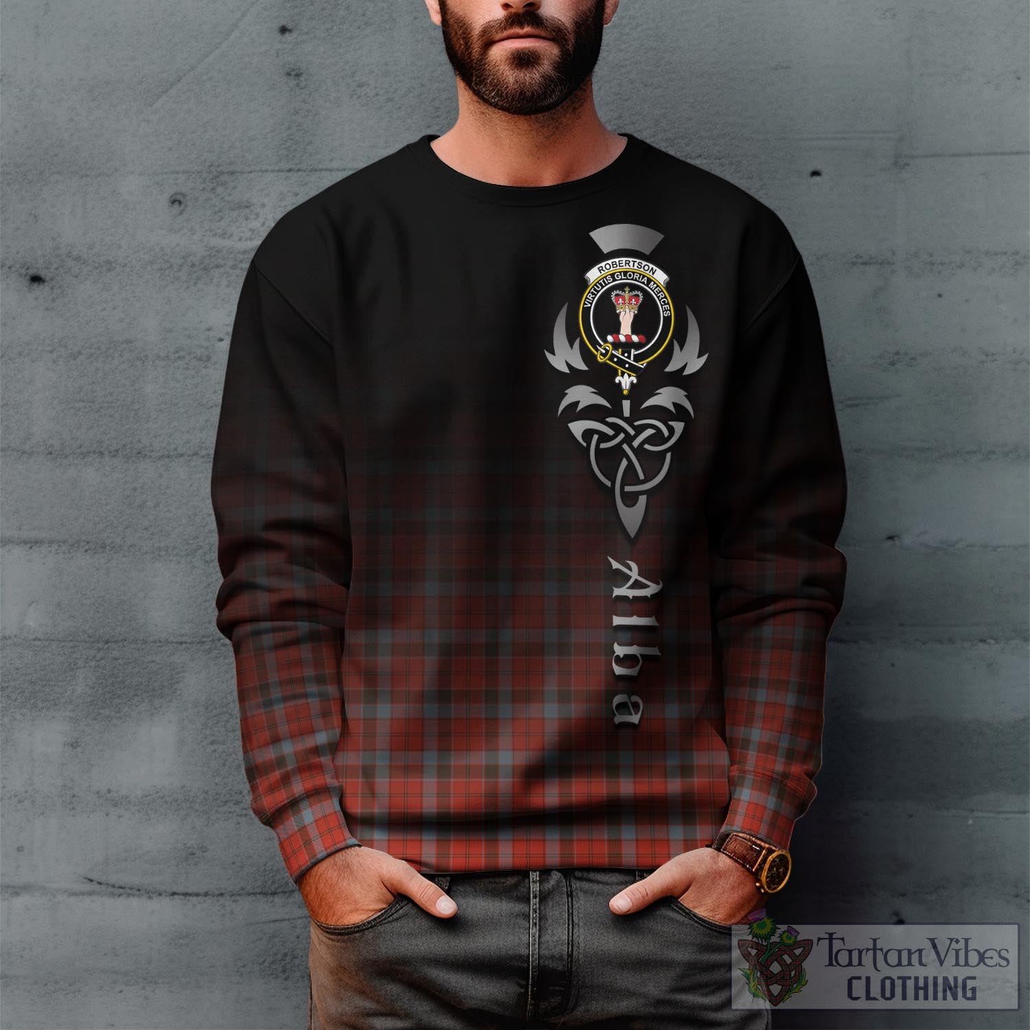 Tartan Vibes Clothing Robertson Weathered Tartan Sweatshirt Featuring Alba Gu Brath Family Crest Celtic Inspired