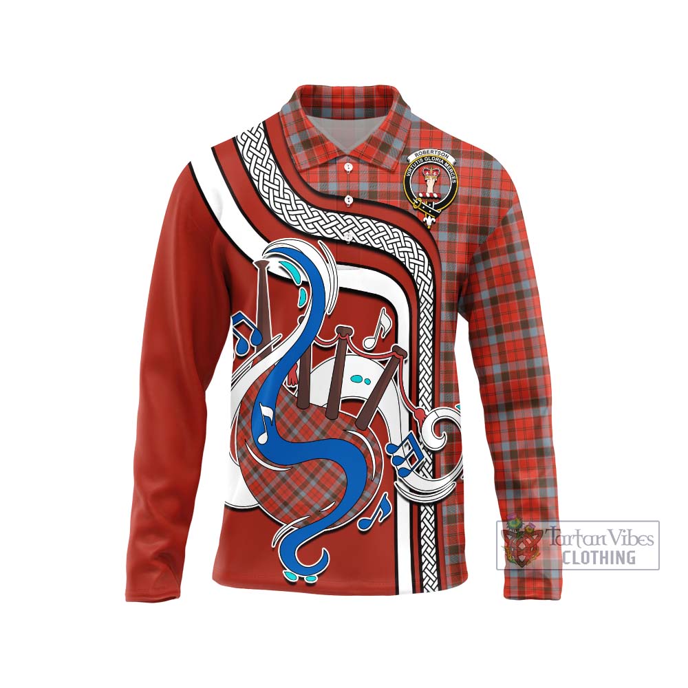 Tartan Vibes Clothing Robertson Weathered Tartan Long Sleeve Polo Shirt with Epic Bagpipe Style