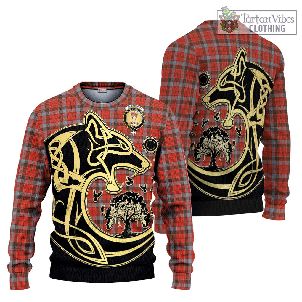 Robertson Weathered Tartan Knitted Sweater with Family Crest Celtic Wolf Style Unisex - Tartan Vibes Clothing