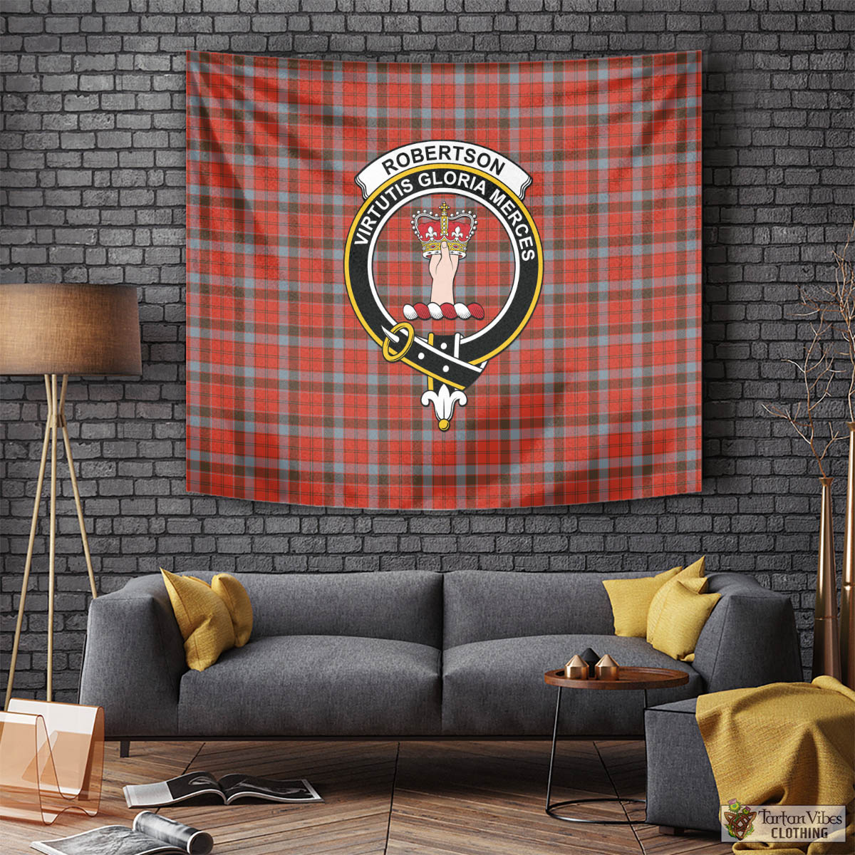 Tartan Vibes Clothing Robertson Weathered Tartan Tapestry Wall Hanging and Home Decor for Room with Family Crest