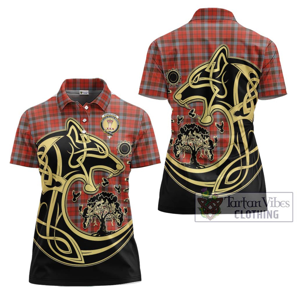 Robertson Weathered Tartan Women's Polo Shirt with Family Crest Celtic Wolf Style Women - Tartanvibesclothing Shop