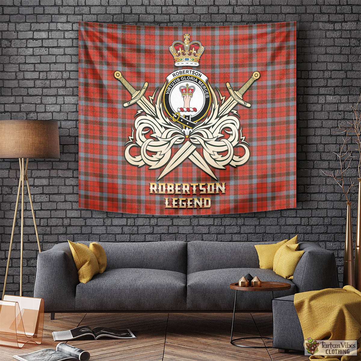 Tartan Vibes Clothing Robertson Weathered Tartan Tapestry with Clan Crest and the Golden Sword of Courageous Legacy