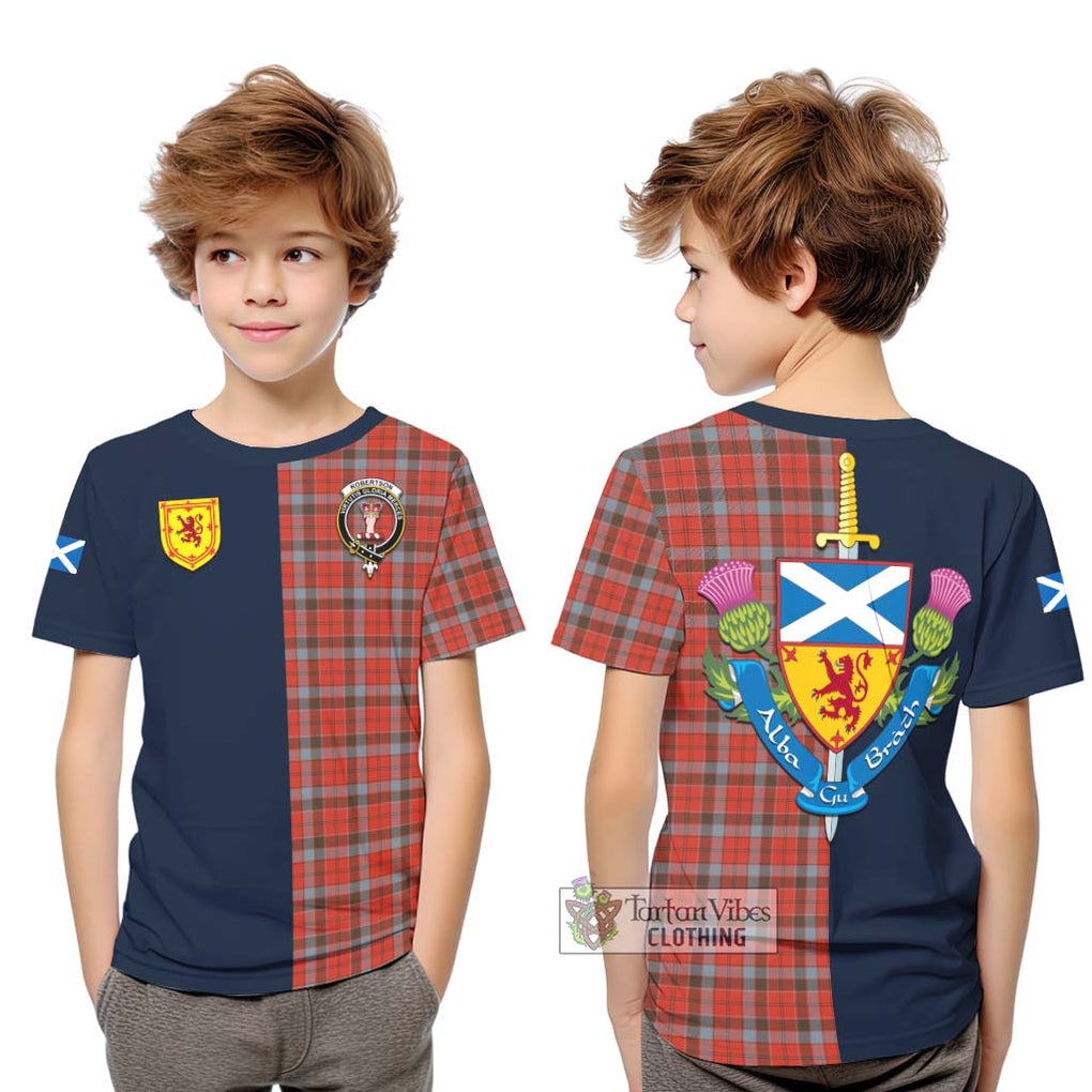 Tartan Vibes Clothing Robertson Weathered Tartan Kid T-Shirt with Scottish Lion Royal Arm Half Style