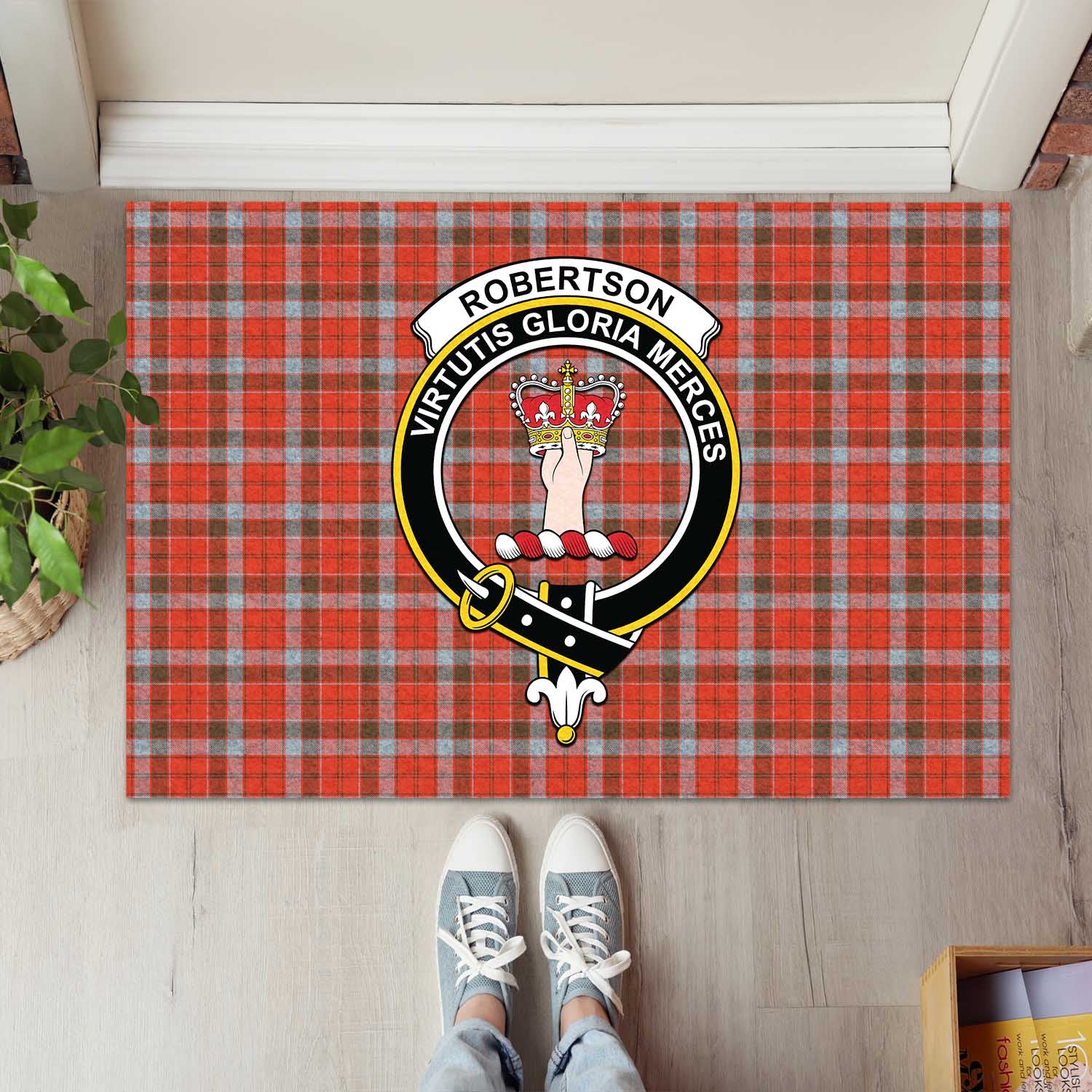 Robertson Weathered Tartan Door Mat with Family Crest - Tartanvibesclothing Shop