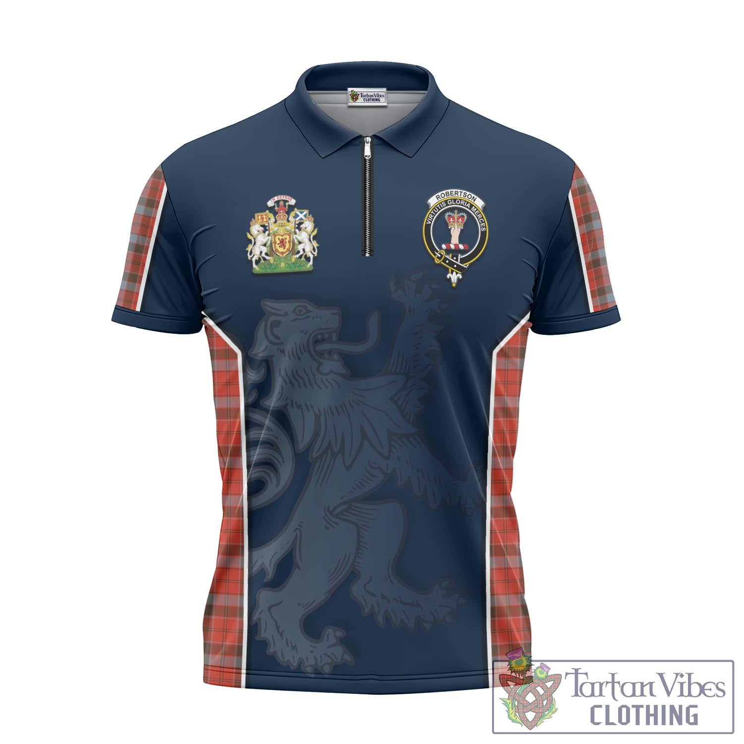 Tartan Vibes Clothing Robertson Weathered Tartan Zipper Polo Shirt with Family Crest and Lion Rampant Vibes Sport Style