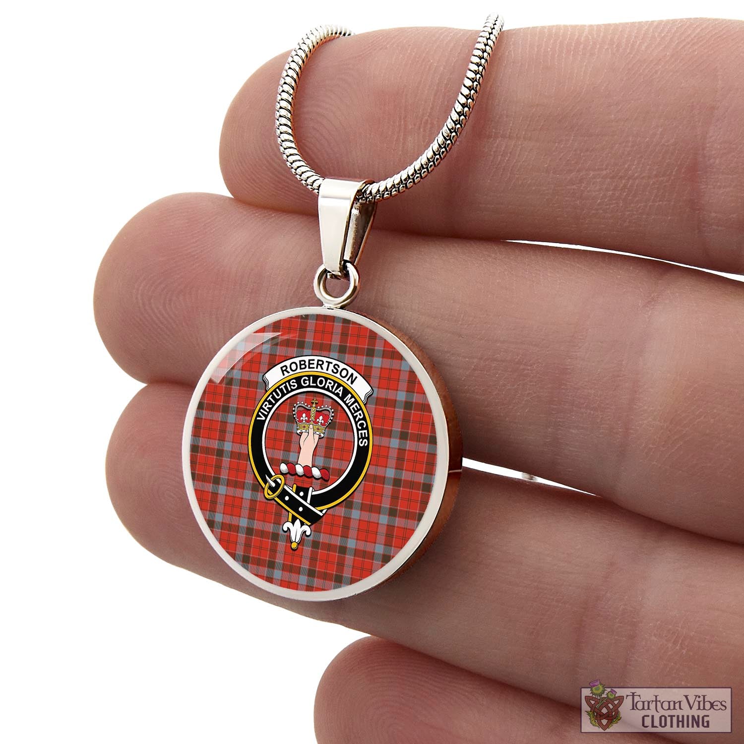 Tartan Vibes Clothing Robertson Weathered Tartan Circle Necklace with Family Crest