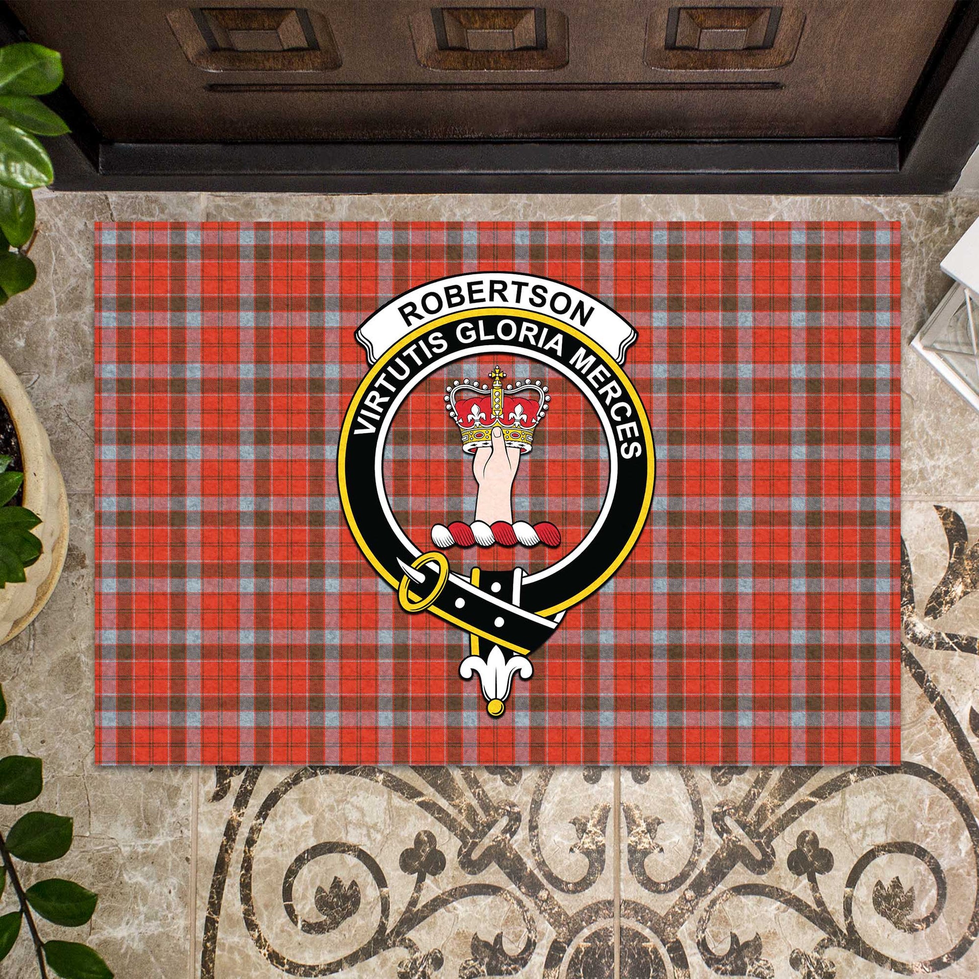 Robertson Weathered Tartan Door Mat with Family Crest - Tartanvibesclothing Shop