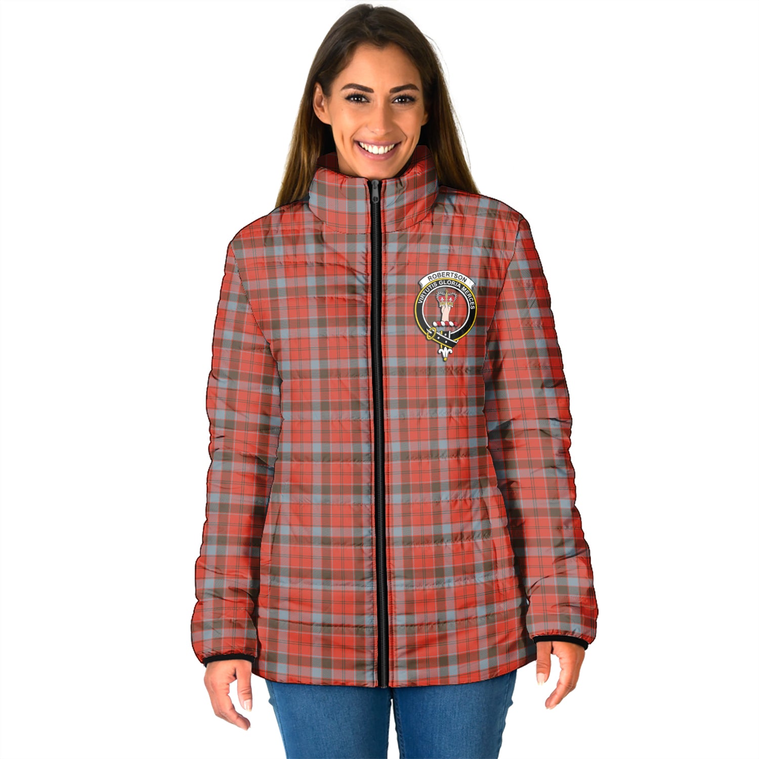 Robertson Weathered Tartan Padded Jacket with Family Crest - Tartan Vibes Clothing