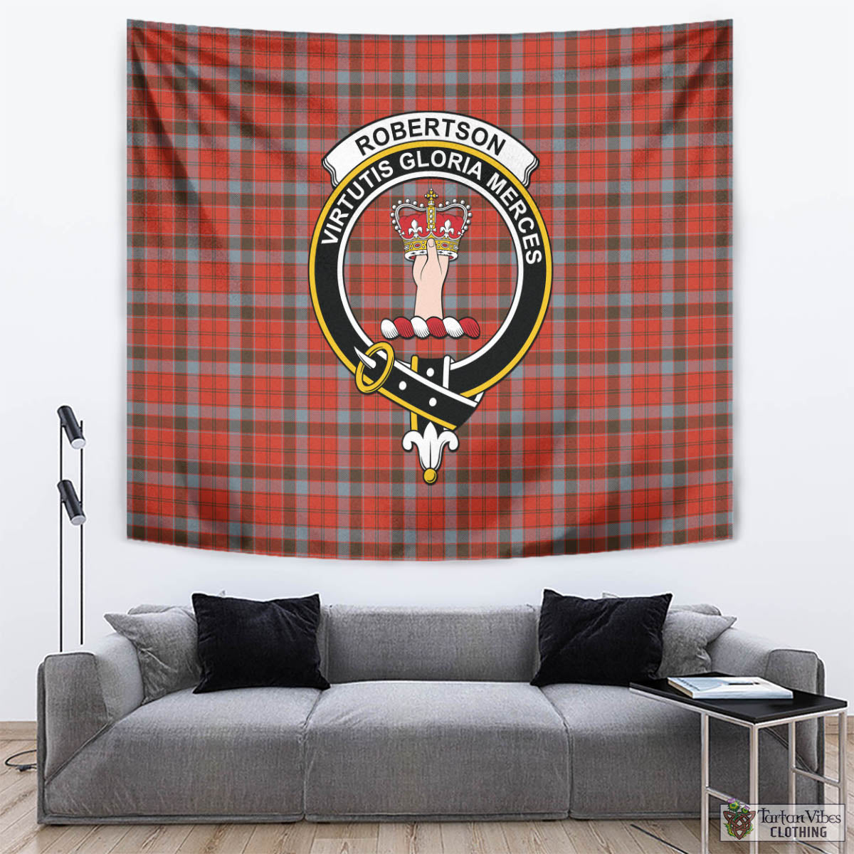 Tartan Vibes Clothing Robertson Weathered Tartan Tapestry Wall Hanging and Home Decor for Room with Family Crest