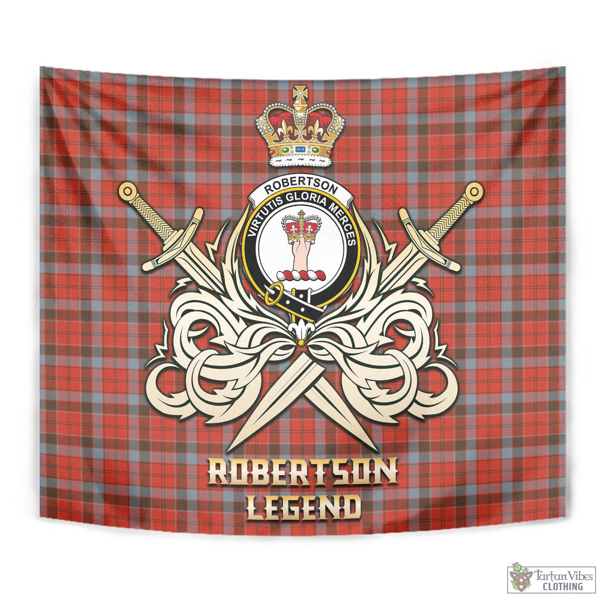 Tartan Vibes Clothing Robertson Weathered Tartan Tapestry with Clan Crest and the Golden Sword of Courageous Legacy