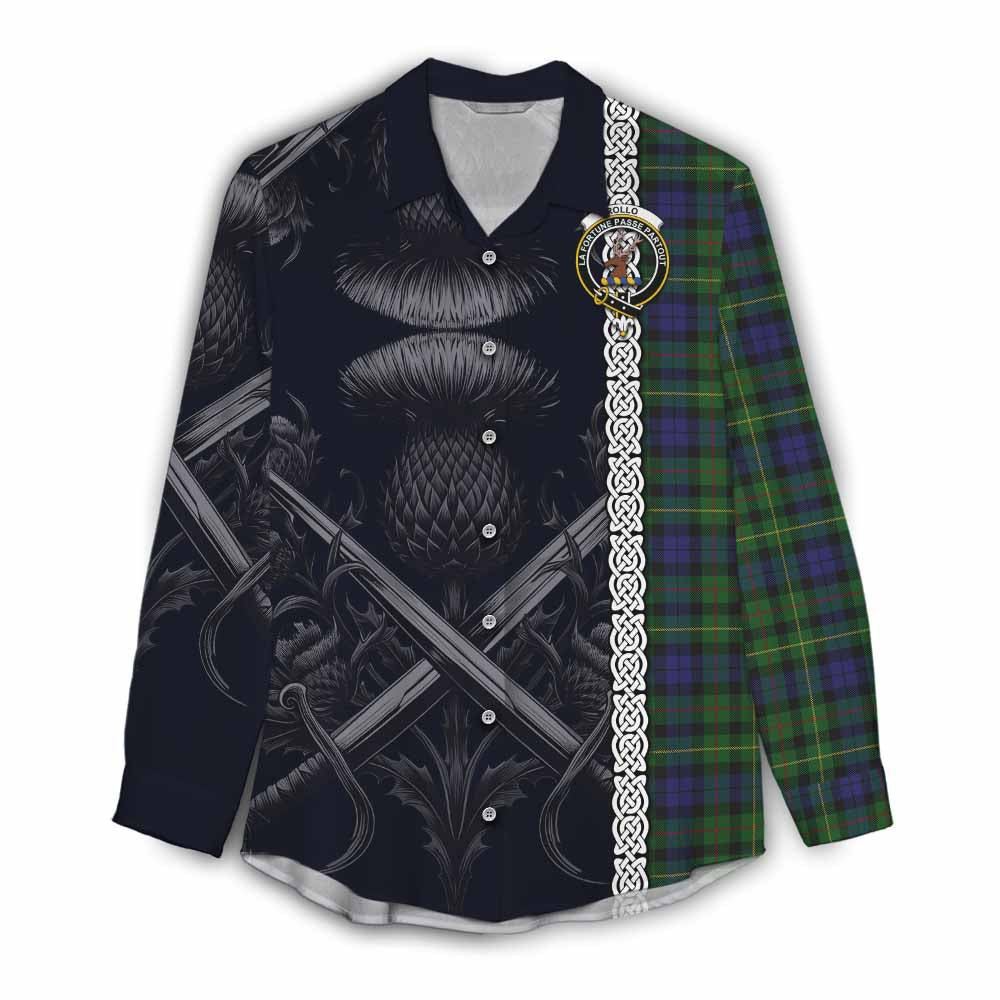 Tartan Vibes Clothing Rollo Tartan Women's Casual Shirt with Family Crest Cross Sword Thistle Celtic Vibes