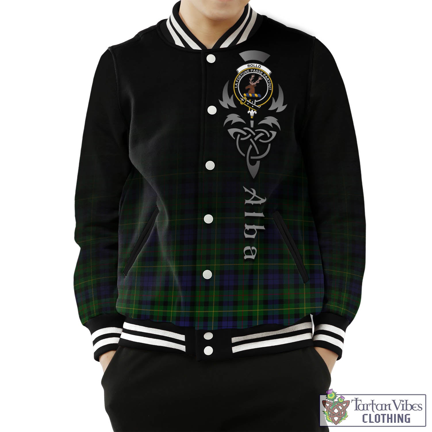 Tartan Vibes Clothing Rollo Tartan Baseball Jacket Featuring Alba Gu Brath Family Crest Celtic Inspired