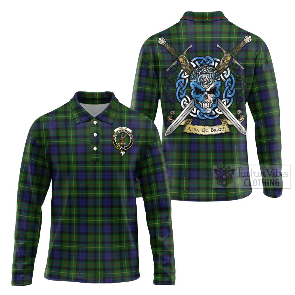 Tartan Vibes Clothing Rollo Tartan Long Sleeve Polo Shirt with Family Crest Celtic Skull Style