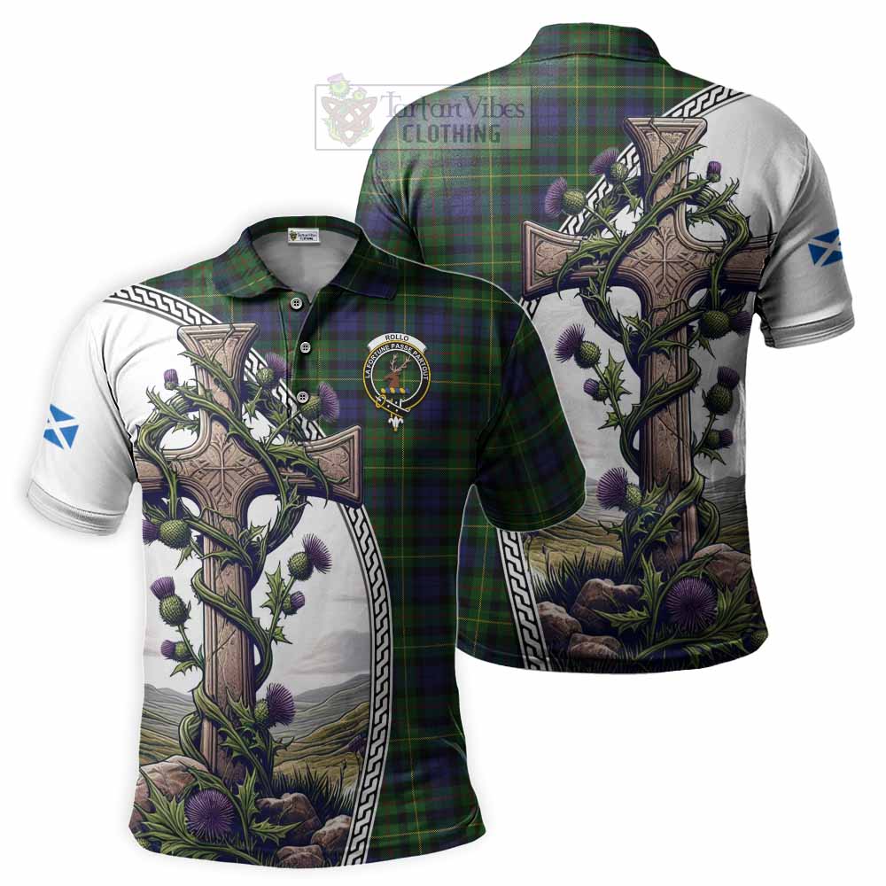 Tartan Vibes Clothing Rollo Tartan Polo Shirt with Family Crest and St. Andrew's Cross Accented by Thistle Vines