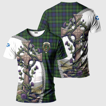 Rollo Tartan T-Shirt with Family Crest and St. Andrew's Cross Accented by Thistle Vines