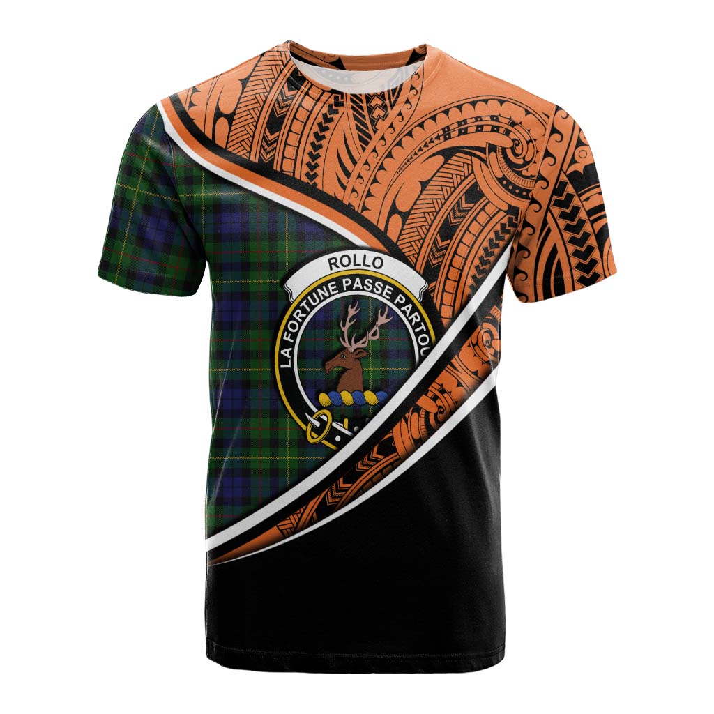 Tartan Vibes Clothing Rollo Crest Tartan Cotton T-shirt with Maori Tattoo Style - Orange Version