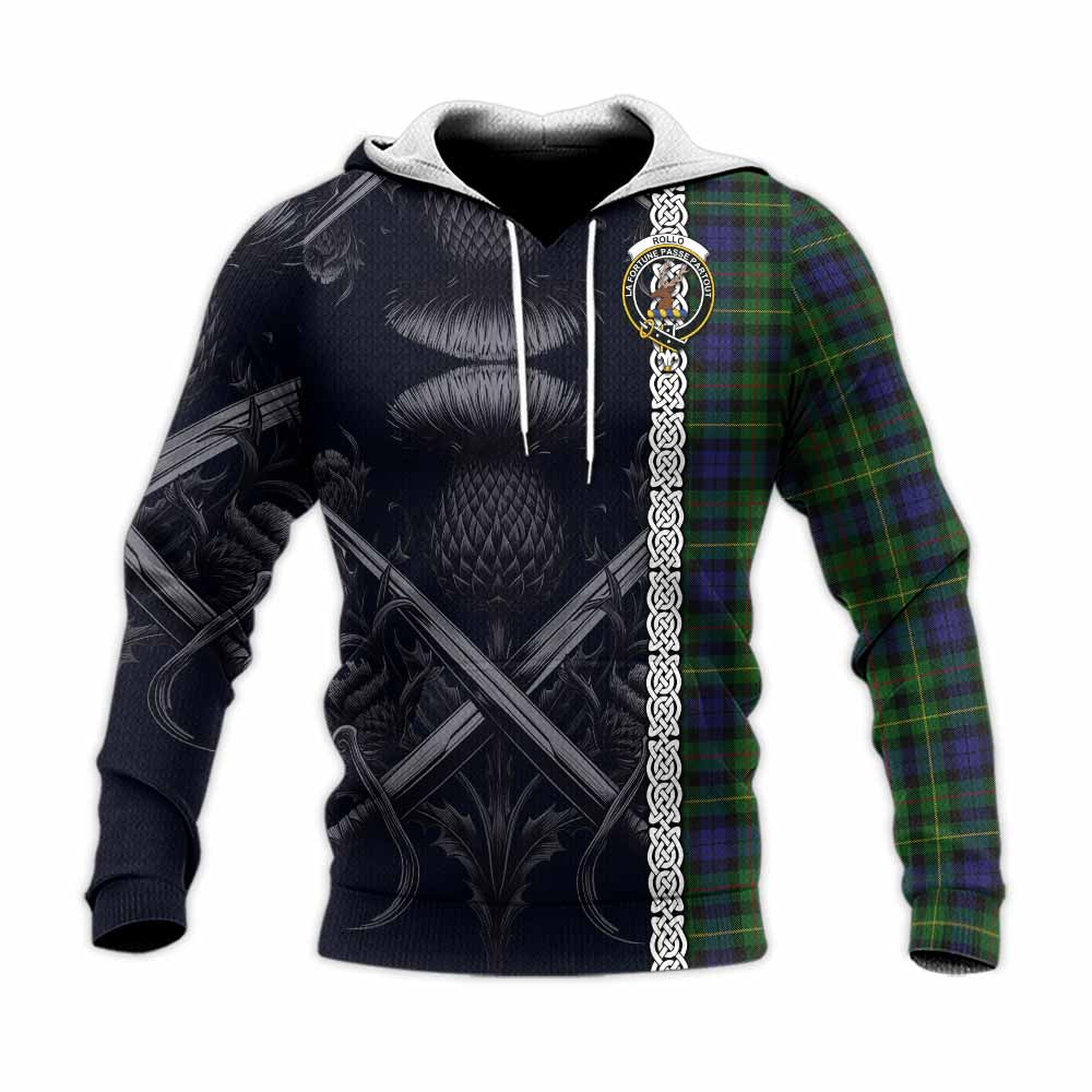 Tartan Vibes Clothing Rollo Tartan Knitted Hoodie with Family Crest Cross Sword Thistle Celtic Vibes