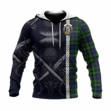 Rollo Tartan Knitted Hoodie with Family Crest Cross Sword Thistle Celtic Vibes