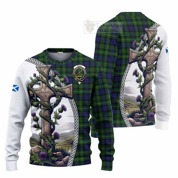 Rollo Tartan Knitted Sweater with Family Crest and St. Andrew's Cross Accented by Thistle Vines