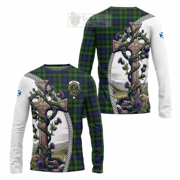 Rollo Tartan Long Sleeve T-Shirt with Family Crest and St. Andrew's Cross Accented by Thistle Vines