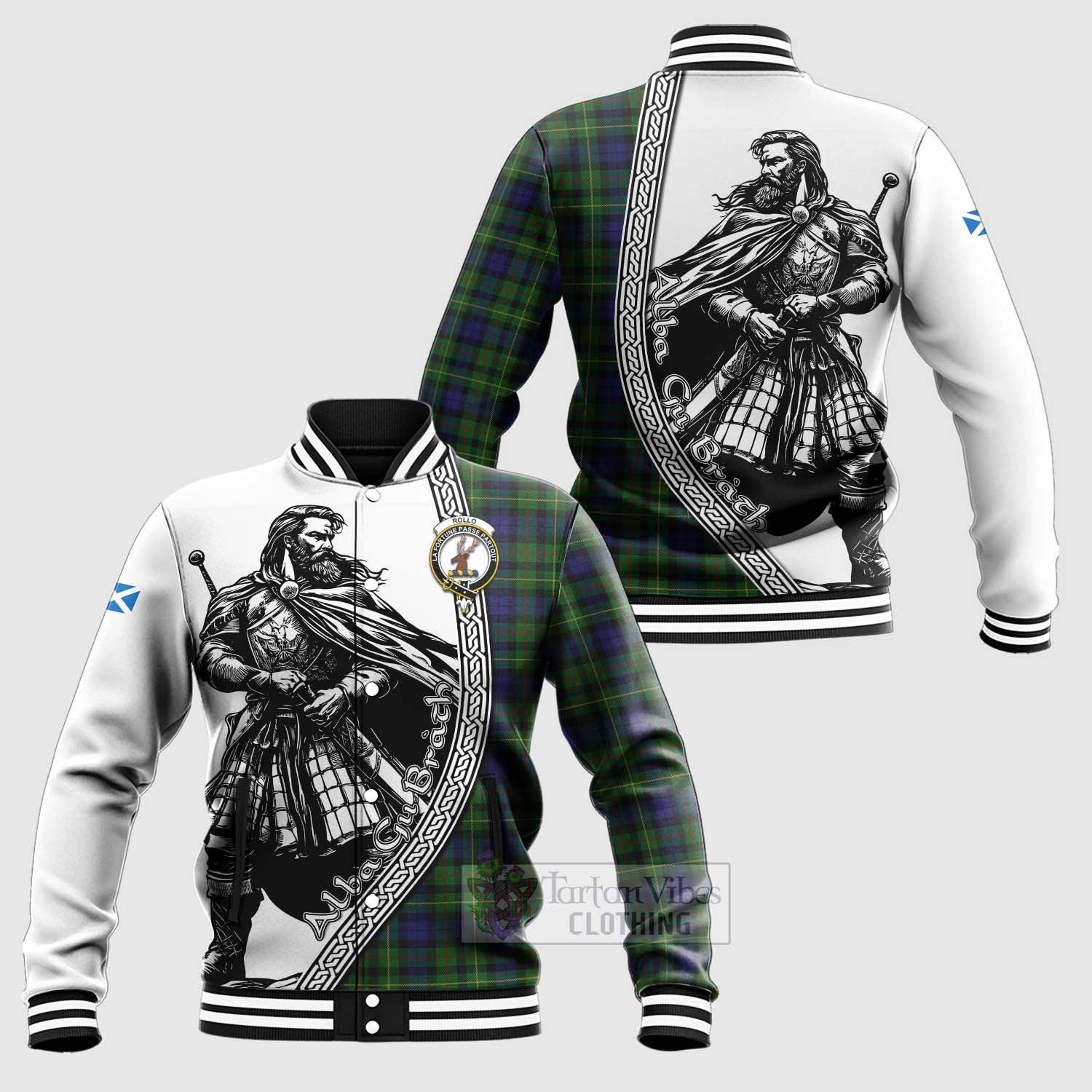 Tartan Vibes Clothing Rollo Tartan Clan Crest Baseball Jacket with Highlander Warrior Celtic Style