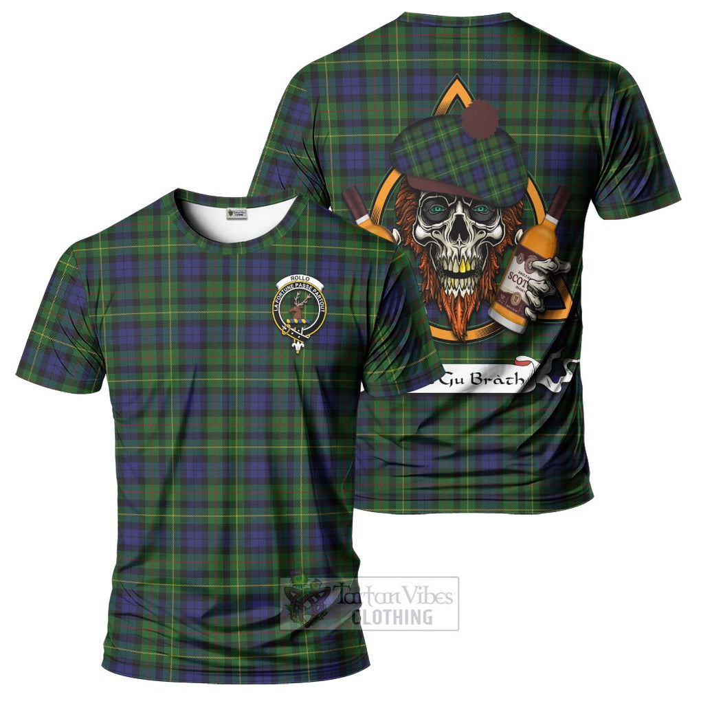 Tartan Vibes Clothing Rollo Tartan T-Shirt with Family Crest and Bearded Skull Holding Bottles of Whiskey