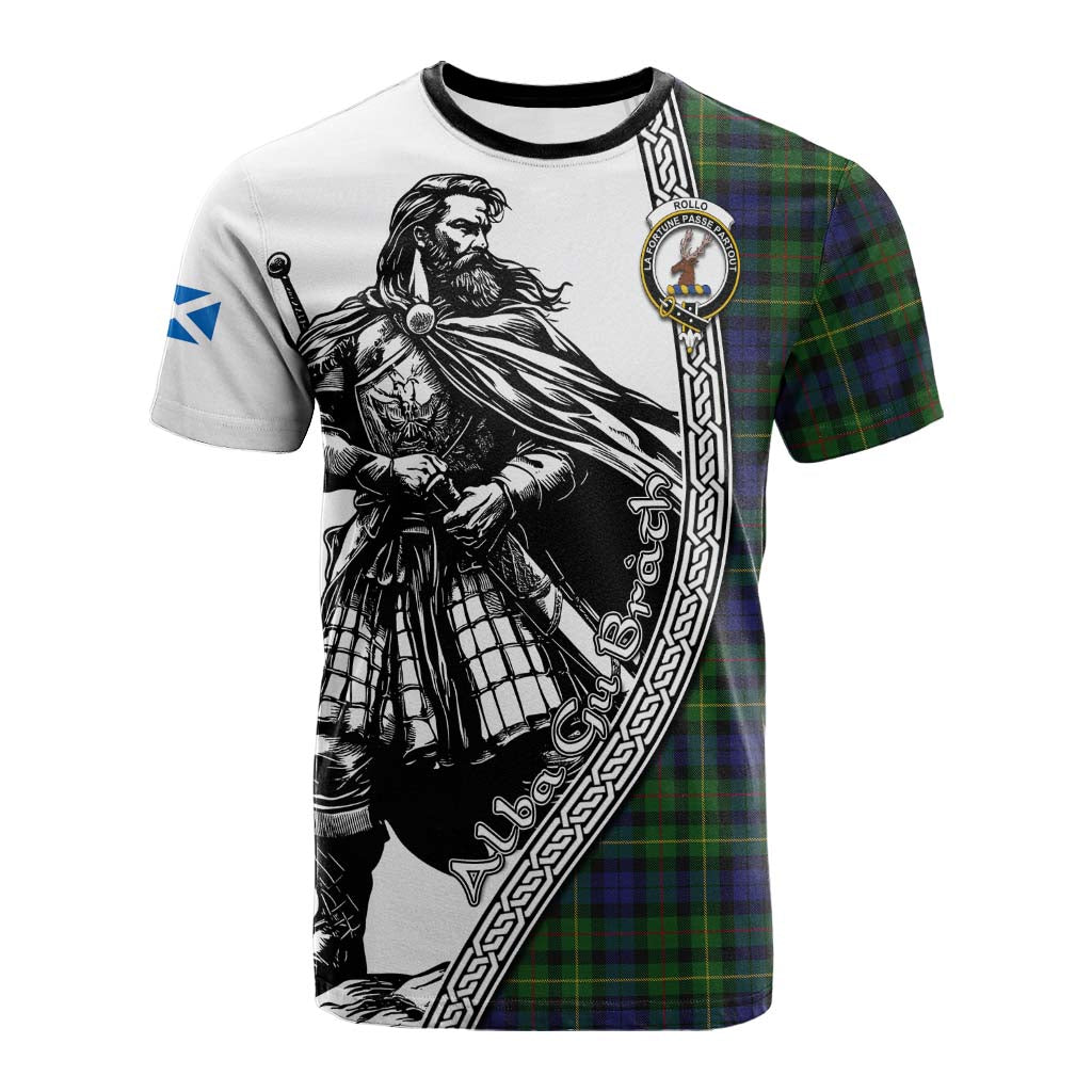 Rollo Tartan Clan Crest Cotton T-shirt with Highlander Warrior Celtic Style