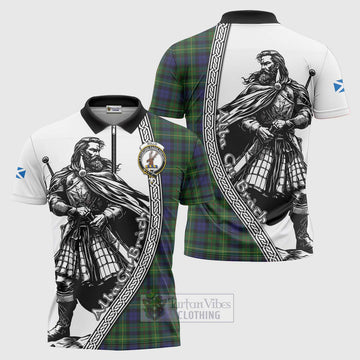 Rollo Tartan Clan Crest Zipper Polo Shirt with Highlander Warrior Celtic Style