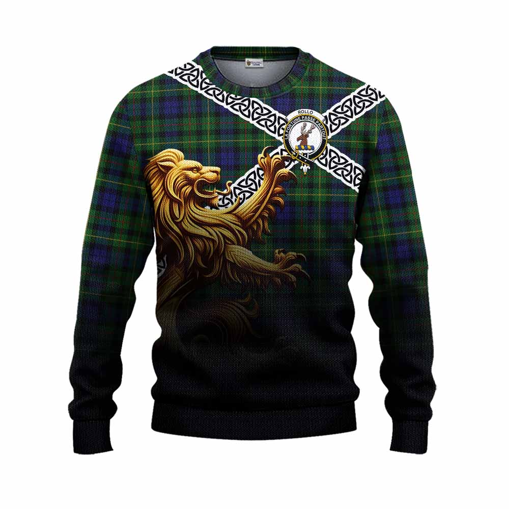 Rollo Crest Tartan Knitted Sweater with Golden Lion Emblem Celtic Style Unisex - Tartan Vibes Clothing