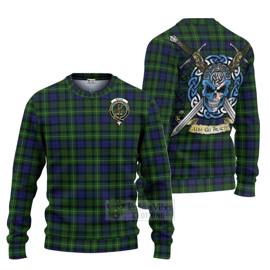 Tartan Vibes Clothing Rollo Tartan Knitted Sweater with Family Crest Celtic Skull Style