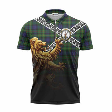 Rollo Crest Tartan Zipper Polo Shirt with Golden Lion Emblem Celtic Style Unisex - Tartan Vibes Clothing