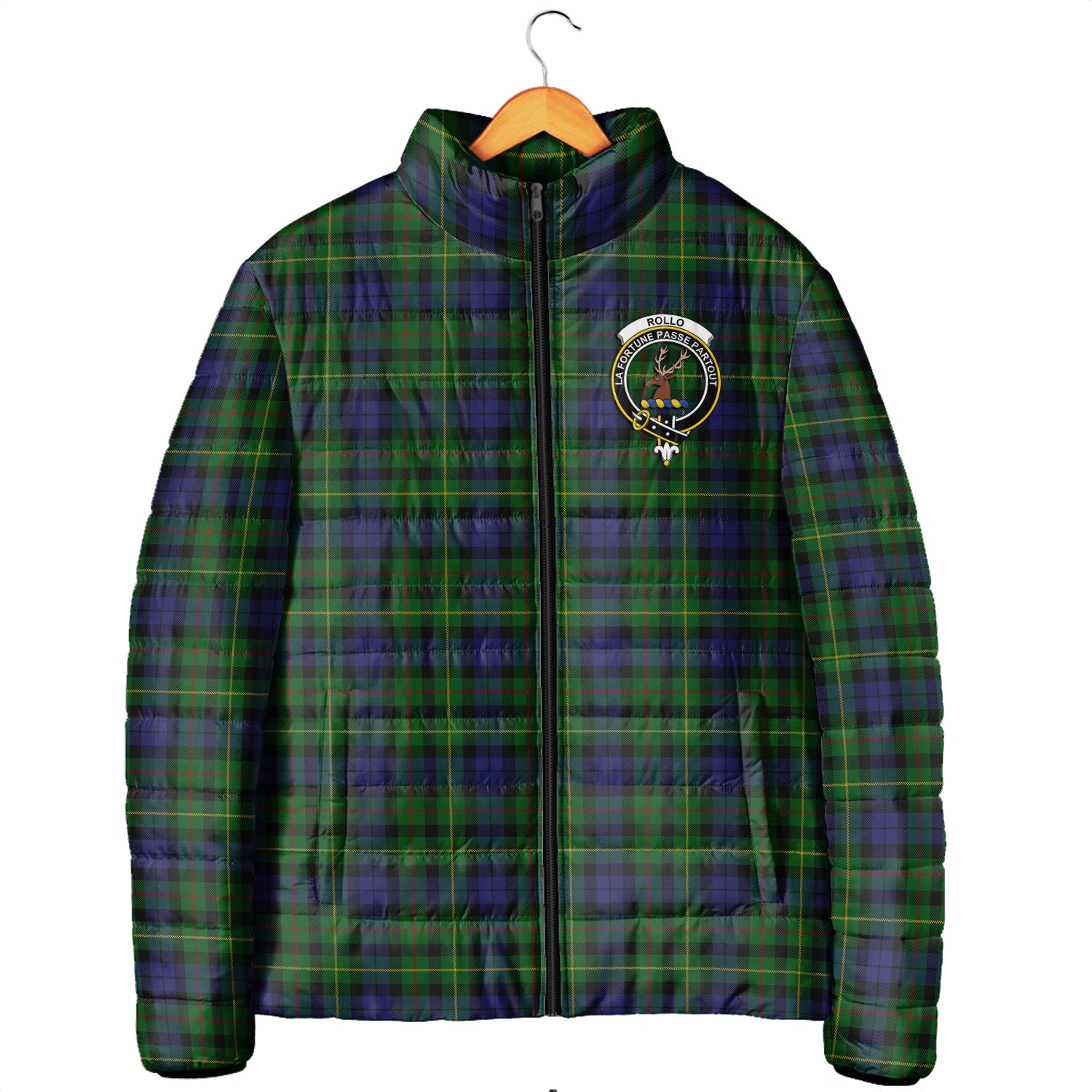 Rollo Tartan Padded Jacket with Family Crest Men's Padded Jacket - Tartan Vibes Clothing