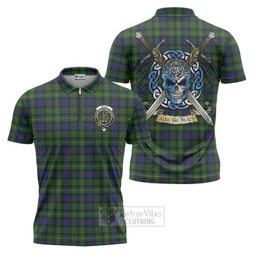 Rollo Tartan Zipper Polo Shirt with Family Crest Celtic Skull Style