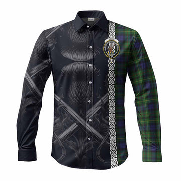 Rollo Tartan Long Sleeve Button Shirt with Family Crest Cross Sword Thistle Celtic Vibes