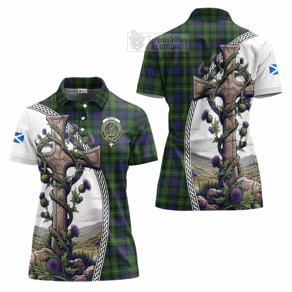 Tartan Vibes Clothing Rollo Tartan Women's Polo Shirt with Family Crest and St. Andrew's Cross Accented by Thistle Vines