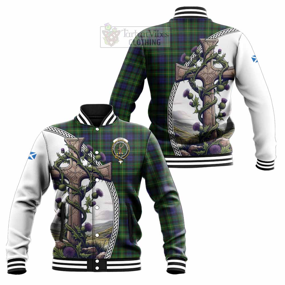 Tartan Vibes Clothing Rollo Tartan Baseball Jacket with Family Crest and St. Andrew's Cross Accented by Thistle Vines