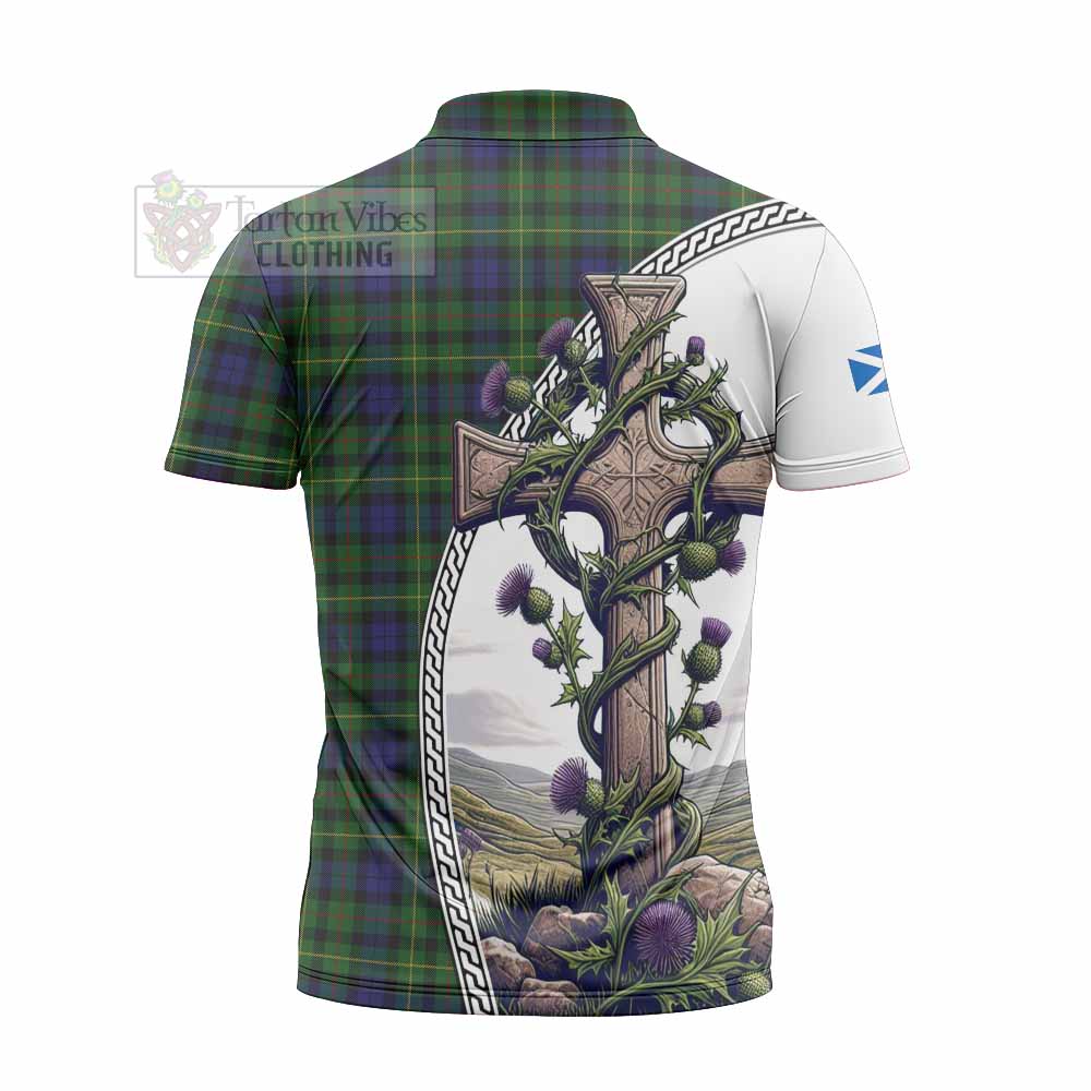 Tartan Vibes Clothing Rollo Tartan Zipper Polo Shirt with Family Crest and St. Andrew's Cross Accented by Thistle Vines