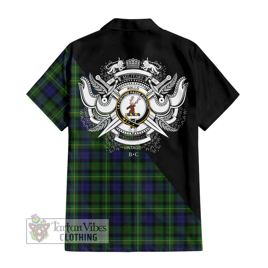 Rollo Tartan Short Sleeve Button Shirt with Family Crest and Military Logo Style - Tartanvibesclothing Shop