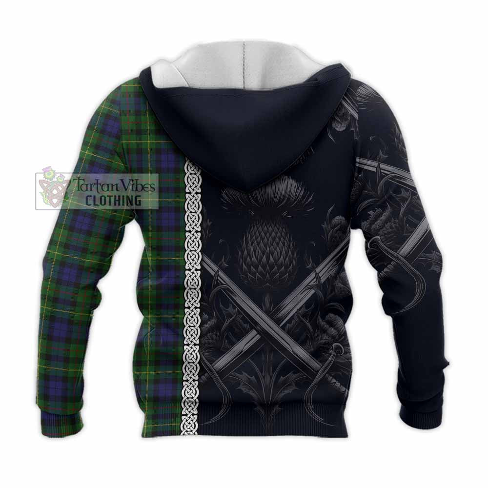 Tartan Vibes Clothing Rollo Tartan Knitted Hoodie with Family Crest Cross Sword Thistle Celtic Vibes